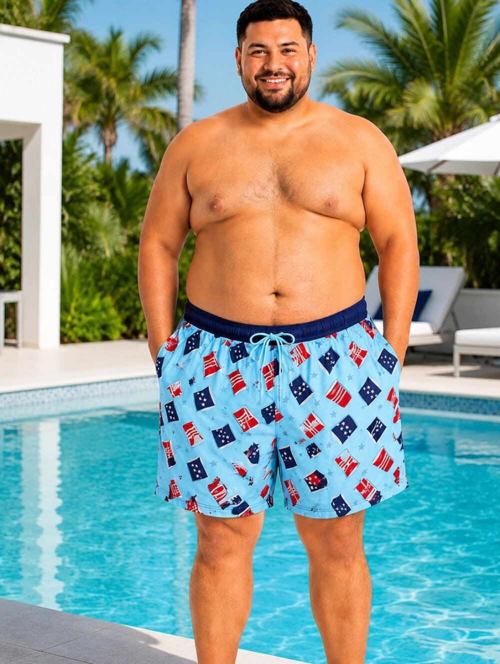WAY TO CELEBRATE Men's Light Blue Flag-Print Swim Trunks SIZE 3XL NWOT